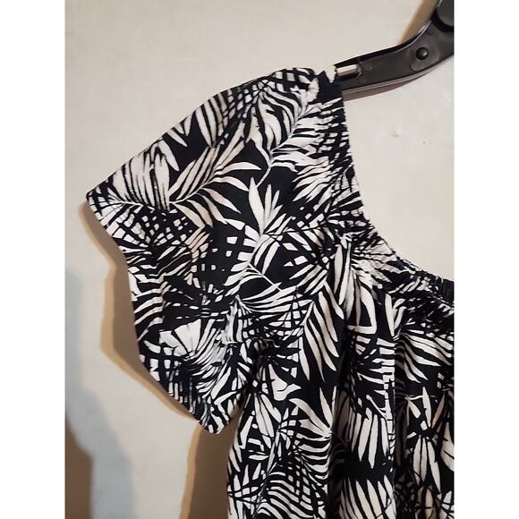 Asos Womens Mini Dress Cap Sleeve sz 12 Tropical Print Black White Palm Leaf - Picture 6 of 7